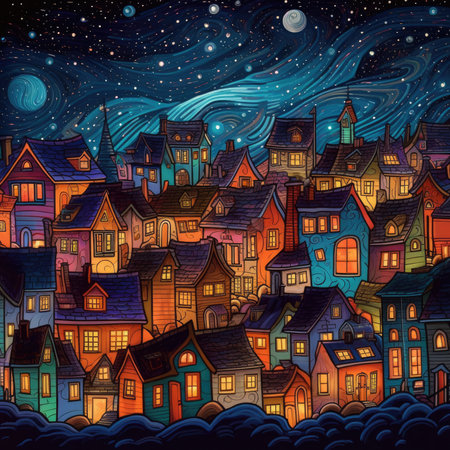 Night cityscape with old houses and full moon. vector illustration.の素材