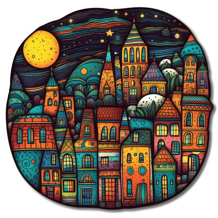 Hand drawn doodle illustration of a village at night. vector illustration.の素材