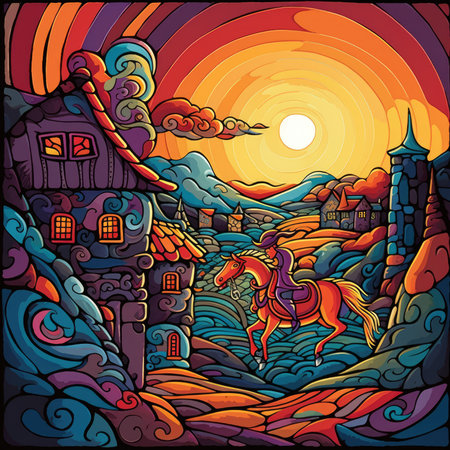 Horse in the old town at sunset. colorful vector illustrationの素材