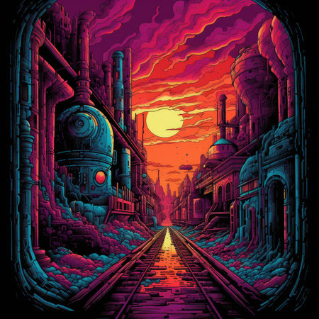 Train on the rails in the city at sunset. vector illustration.の素材