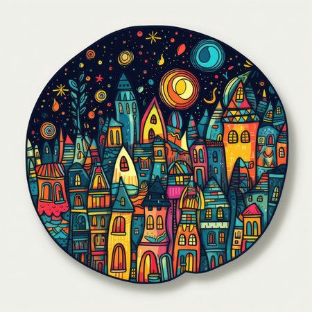 Hand drawn vector illustration of a cartoon city. Doodle style. colorful background.の素材