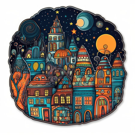 Hand drawn vector illustration of a fairy tale town with houses, moon and stars.の素材