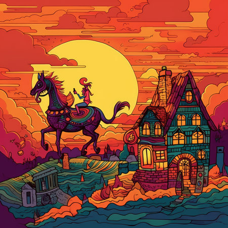 Halloween background. Vector illustration of a witch on the background of the old houseの素材
