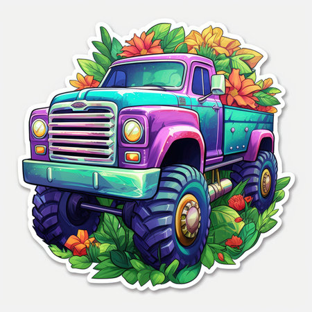 Vintage pick up truck with flowers. Vector illustration in cartoon style.の素材