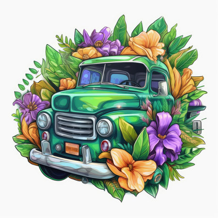 Vintage truck with flowers and leaves. hand drawn vector illustration.の素材