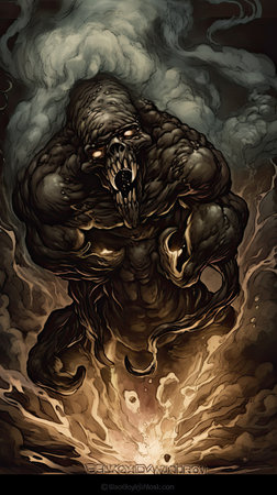 Digital illustration of a monster in fire with smoke. abstract background.の素材