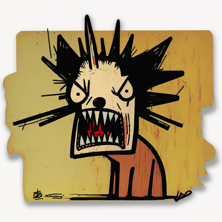 Angry cartoon monster on a grunge background. vector illustration. Vector illustration, painting by Basquiat, graffity, sticker, neo-expressionist.の素材