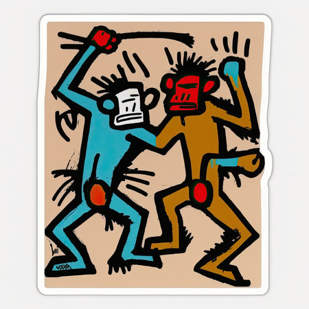 Hand drawn doodle of a boxing match. vector illustration. Vector illustration, painting by Basquiat, graffity, sticker, neo-expressionist.の素材