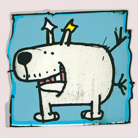 funny cartoon dog with a crown on his head, on a blue background. Vector illustration, painting by Basquiat, graffity, sticker, neo-expressionist.の素材