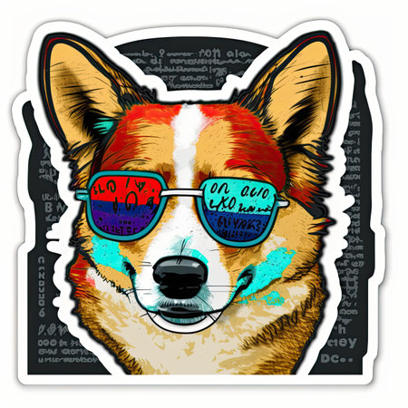 dog with glasses. Vector illustration of a dog with sunglasses and the inscription. Vector illustration, painting by Basquiat, graffity, sticker, neo-expressionist.の素材