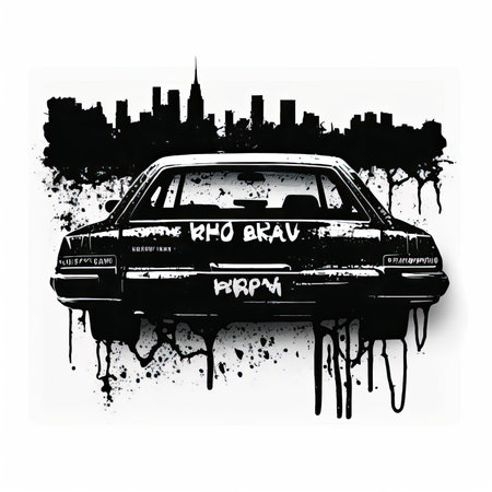 retro car on a grunge background. Grunge vector illustration. Vector illustration, painting by Basquiat, graffity, sticker, neo-expressionist.の素材