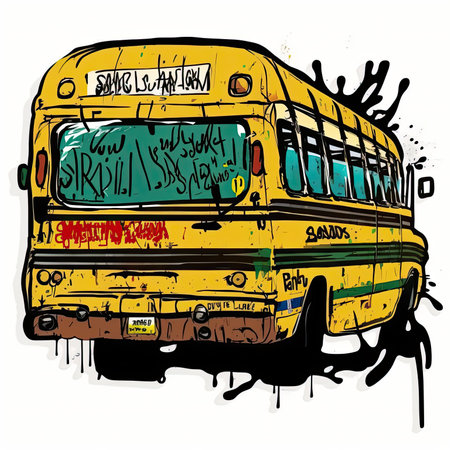 Hand drawn school bus on a grunge background. vector illustration. Vector illustration, painting by Basquiat, graffity, sticker, neo-expressionist.の素材