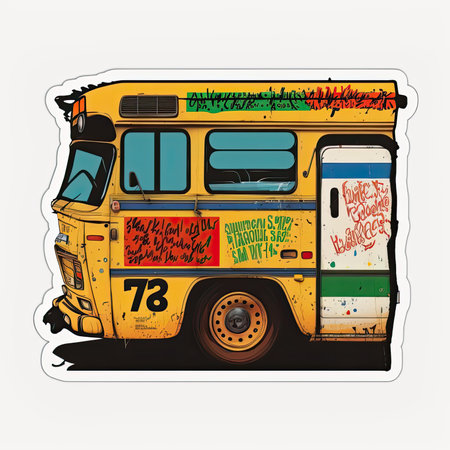 Vintage school bus with hand drawn lettering. vector illustration. Vector illustration, painting by Basquiat, graffity, sticker, neo-expressionist.の素材