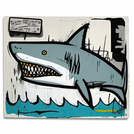 Shark in the water. Illustration on white background for design. Vector illustration, painting by Basquiat, graffity, sticker, neo-expressionist.の素材