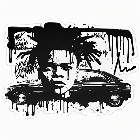 Hand drawn illustration of a man and a car. grunge style. Vector illustration, painting by Basquiat, graffity, sticker, neo-expressionist.の素材