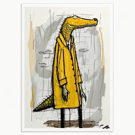 Hand drawn illustration of crocodile in yellow coat. Sketch for your design. Vector illustration, painting by Basquiat, graffity, sticker, neo-expressionist.の素材
