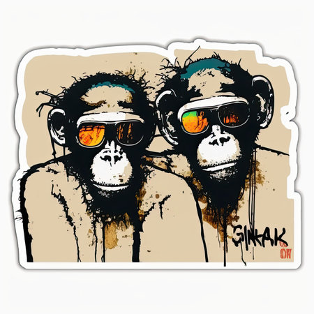 two monkeys. hand drawn vector illustration. grunge style. Vector illustration, painting by Basquiat, graffity, sticker, neo-expressionist.の素材