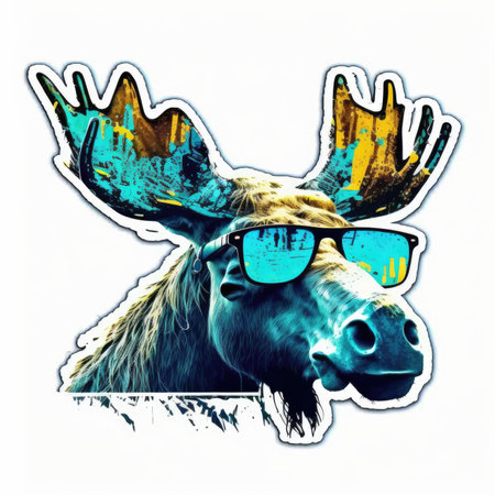 Moose in sunglasses. hipster style. vector illustration. wild animal. Vector illustration, painting by Basquiat, graffity, sticker, neo-expressionist.の素材