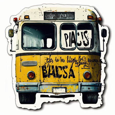 Vintage school bus on a white background. vector illustration. EPS 10 Vector illustration, painting by Basquiat, graffity, sticker, neo-expressionist.の素材