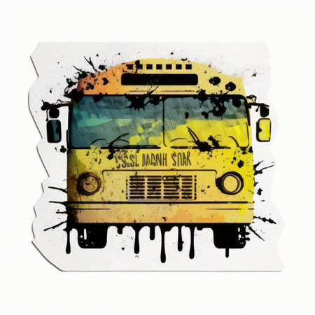 school bus on a white background with splashes of watercolor paintVector illustration, painting by Basquiat, graffity, sticker, neo-expressionist.の素材
