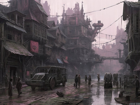 Digital painting of an old town in a foggy day with a group of zombies, Ghostpunk illustration, dark fantasy artの素材