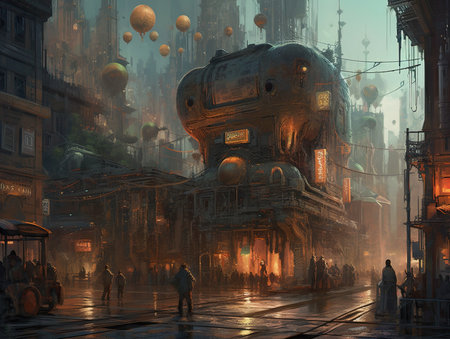 Digital illustration of a steam punk robot in a city street at night, Ghostpunk illustration, dark fantasy artの素材