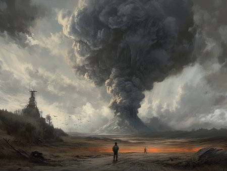 3D illustration of a man and a woman in front of a huge explosion, Ghostpunk illustration, dark fantasy artの素材