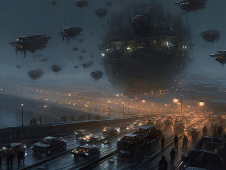 Foggy city street with cars and people. 3d rendering, Ghostpunk illustration, dark fantasy artの素材