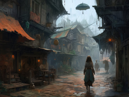 Fantasy illustration of a woman walking in the street. Digital painting, Ghostpunk illustration, dark fantasy artの素材