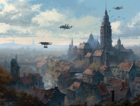 Digital painting of the old town of Gdansk, Poland, Ghostpunk illustration, dark fantasy artの素材