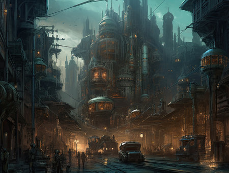 Fantasy cityscape with old buildings in the fog. 3D rendering, Ghostpunk illustration, dark fantasy artの素材