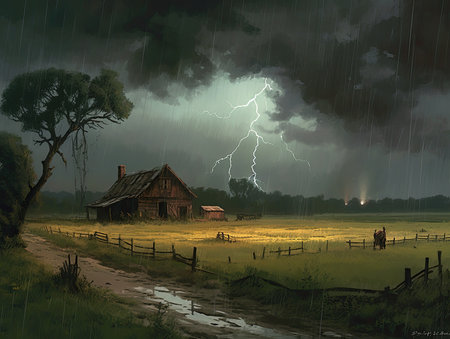 Rainy landscape with a barn and horses in the foreground and a thunderstorm approaching, Ghostpunk illustration, dark fantasy artの素材