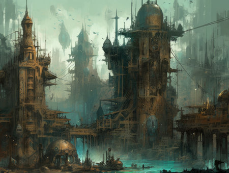 Fantasy illustration of a giant city. digital painting. 3D rendering, Ghostpunk illustration, dark fantasy artの素材