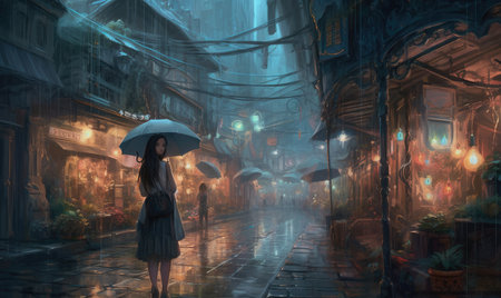 Young woman with umbrella on a rainy street. 3D rendering, Ghostpunk illustration, dark fantasy artの素材