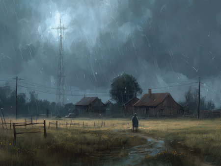 A man in a raincoat walks through the meadow in the village, Ghostpunk illustration, dark fantasy artの素材