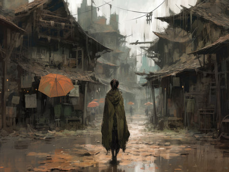 Digital painting of a woman in a raincoat with an umbrella in the old town, Ghostpunk illustration, dark fantasy artの素材