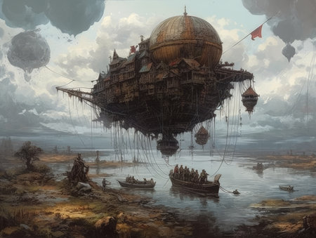 3D Illustration of a Fantasy Alien Landscape with Flying Saucers, Ghostpunk illustration, dark fantasy artの素材