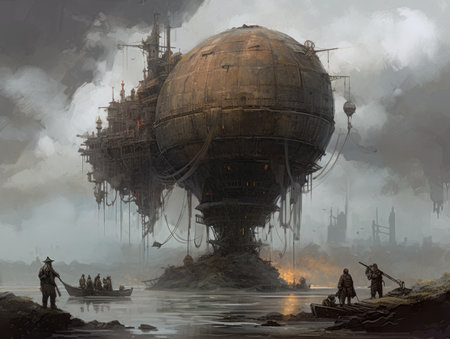3D Illustration of a Fantasy Landscape with an Airship, Ghostpunk illustration, dark fantasy artの素材