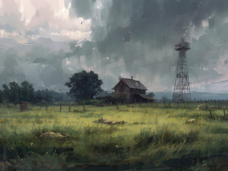 Digital painting of a rural landscape with an old house in the foreground, Ghostpunk illustration, dark fantasy artの素材