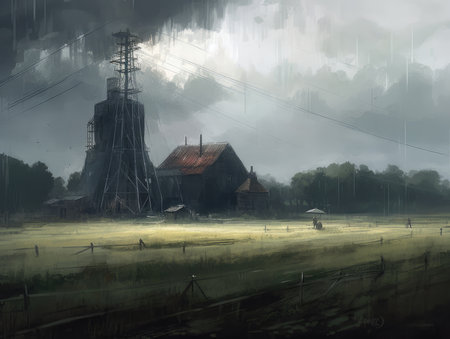 Foggy misty morning in the countryside of Thailand. Digital painting, Ghostpunk illustration, dark fantasy artの素材