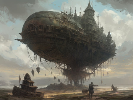 3d illustration of a huge flying ship in the sky over the city, Ghostpunk illustration, dark fantasy artの素材