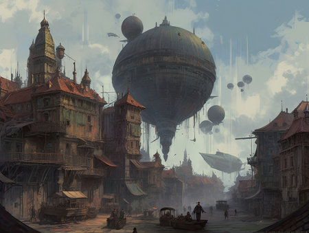 Digital painting of an old city with a hot air balloon in the sky, Ghostpunk illustration, dark fantasy artの素材