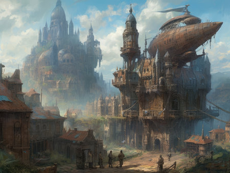Digital painting of the ancient city of Bagan, Myanmar (Burma), Ghostpunk illustration, dark fantasy artの素材