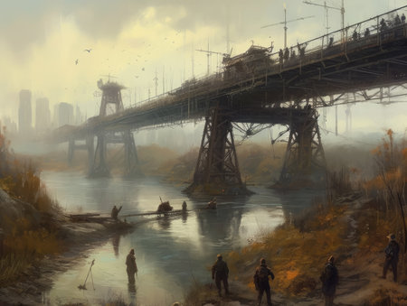 Digital painting of a bridge over the river in a misty day, Ghostpunk illustration, dark fantasy artの素材