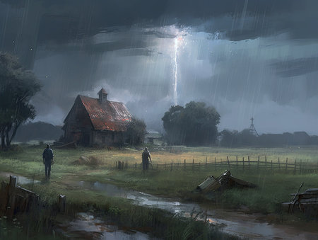 Fantasy landscape with old wooden house in a misty field, Ghostpunk illustration, dark fantasy artの素材