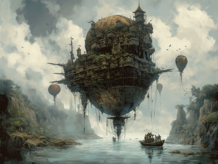Fantasy landscape with flying ship in the sea. Digital painting, Ghostpunk illustration, dark fantasy artの素材