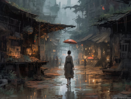 Asian woman walking in the middle of the street with a red umbrella, Ghostpunk illustration, dark fantasy artの素材