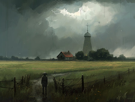 Digital painting of an old lighthouse in the middle of a meadow, Ghostpunk illustration, dark fantasy artの素材
