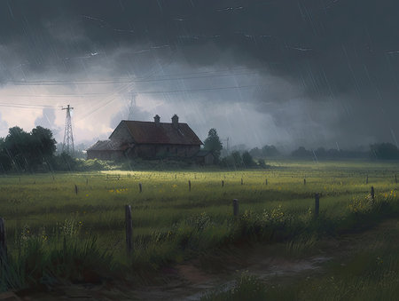 Rainy morning in the meadow with a small house and cloudy sky, Ghostpunk illustration, dark fantasy artの素材