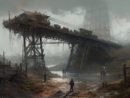 Oil painting of a bridge over the river in a foggy day, Ghostpunk illustration, dark fantasy artの素材